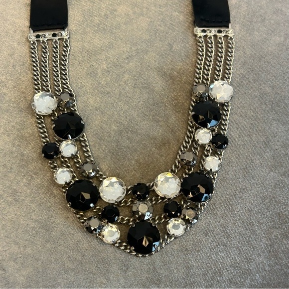 BLACK clear crystal rhinestone clustered multi layered chain ribbon necklace - Picture 3 of 11